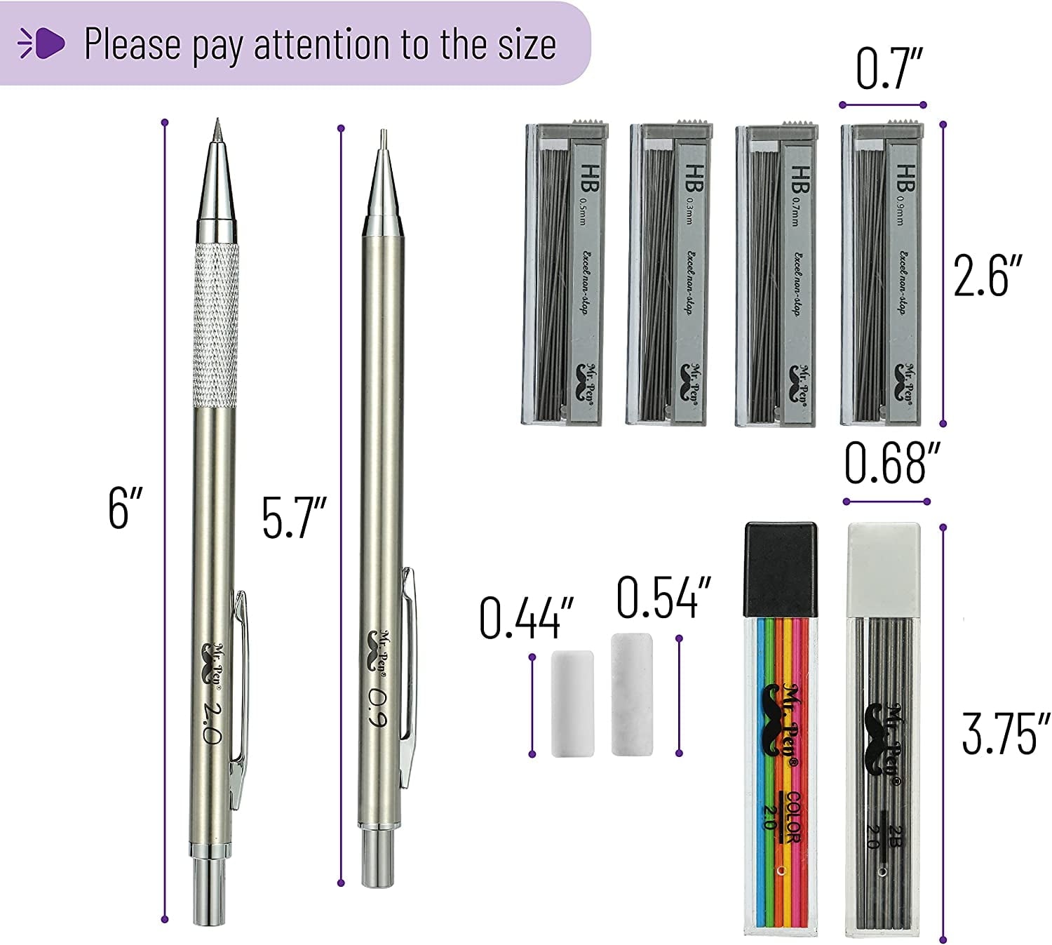 Mr. Pen Mechanical Pencil Set with Erasers Refills, 0.3mm, 0.5mm, 0.7mm, 0.9mm and 2mm, 5 Count