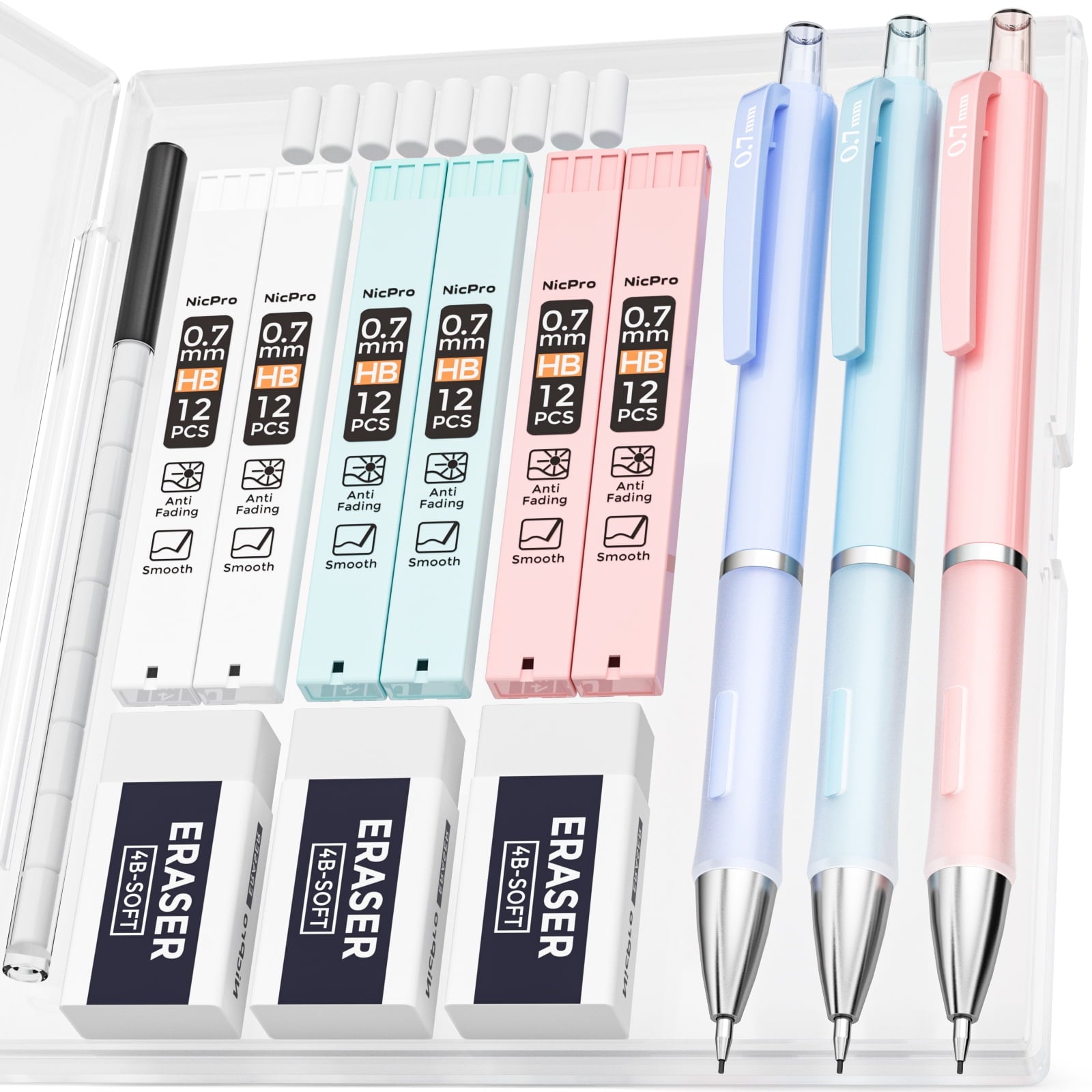 Nicpro 3PCS Pastel Mechanical Pencil Set with Case, 0.7 mm Pencils with 6 Tube HB Lead Refill, 3PCS Eraser, 9PCS Eraser Refill