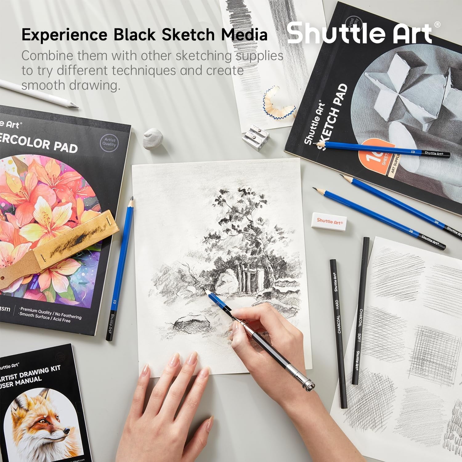Shuttle Art 103 PCS Drawing Kit, Professional Drawing Supplies with Sketch, Charcoal, Colored, Graphite, Pastel Pencils & Sticks, Complete Drawing Tools and Paper Pads in Zipper Case