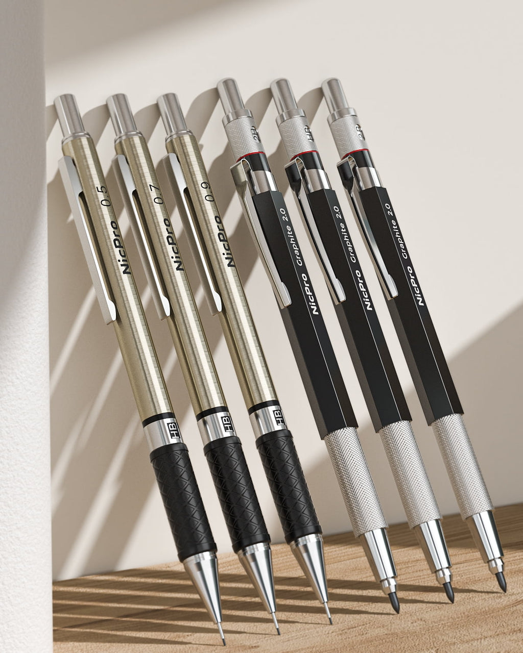 Nicpro 6 Pcs Art Mechanical Pencils Set in Leather Case, 0.5, 0.7, 0.9 mm, 2mm Metal Drafting Pencils, with 15 Tube (4B 2B HB 2H 4H)Lead Refills (Black &Colors)