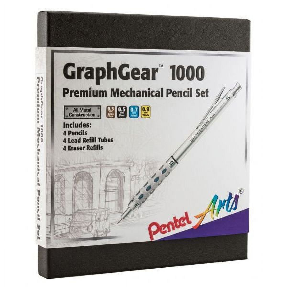 Pentel Arts GraphGear 1000 Premium Automatic Drafting Pencil Set ( 1 pencil each of 0.3mm, 0.5mm, 0.7mm, 0.9mm), 4 Asst. Leads, 4 Refill Erasers, Gift Box Set