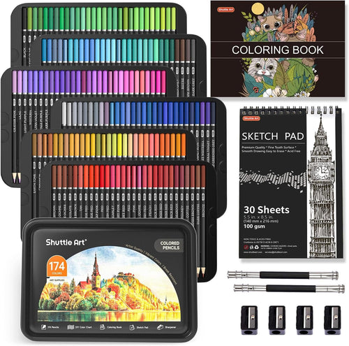 174 Colors Professional Colored Pencils, Shuttle Art Soft Core Coloring Pencils Set with 1 Coloring Book,1 Sketch Pad, 4 Sharpener, 2 Pencil Extender, Perfect for Artists Kids Adults Coloring