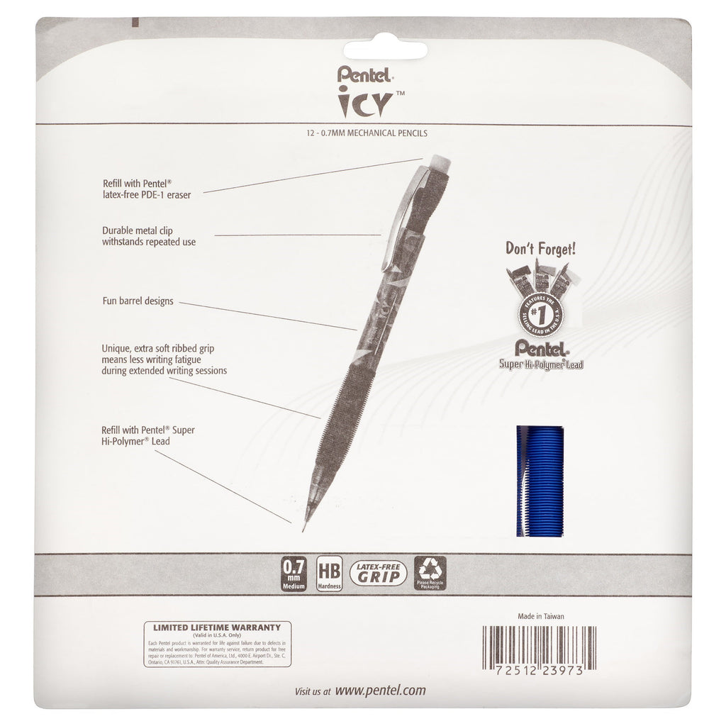 Pentel ICY (0.7mm) Mechanical Pencil, Assorted Barrels, 12-Pk