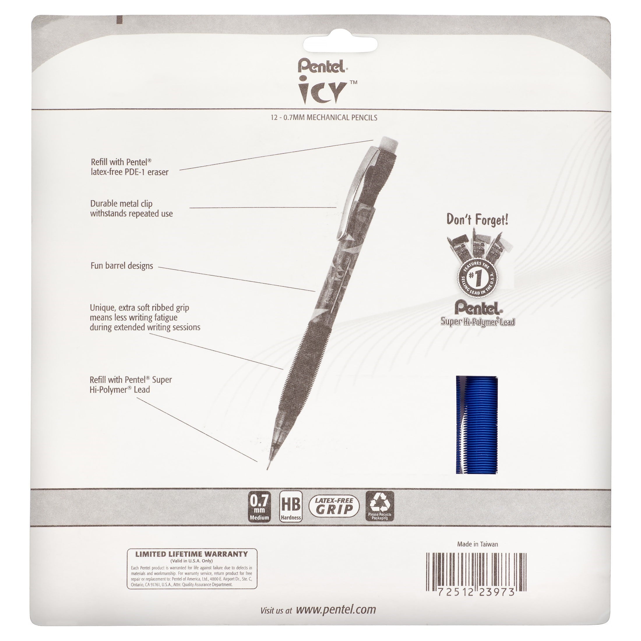 Pentel ICY (0.7mm) Mechanical Pencil, Assorted Barrels, 12-Pk