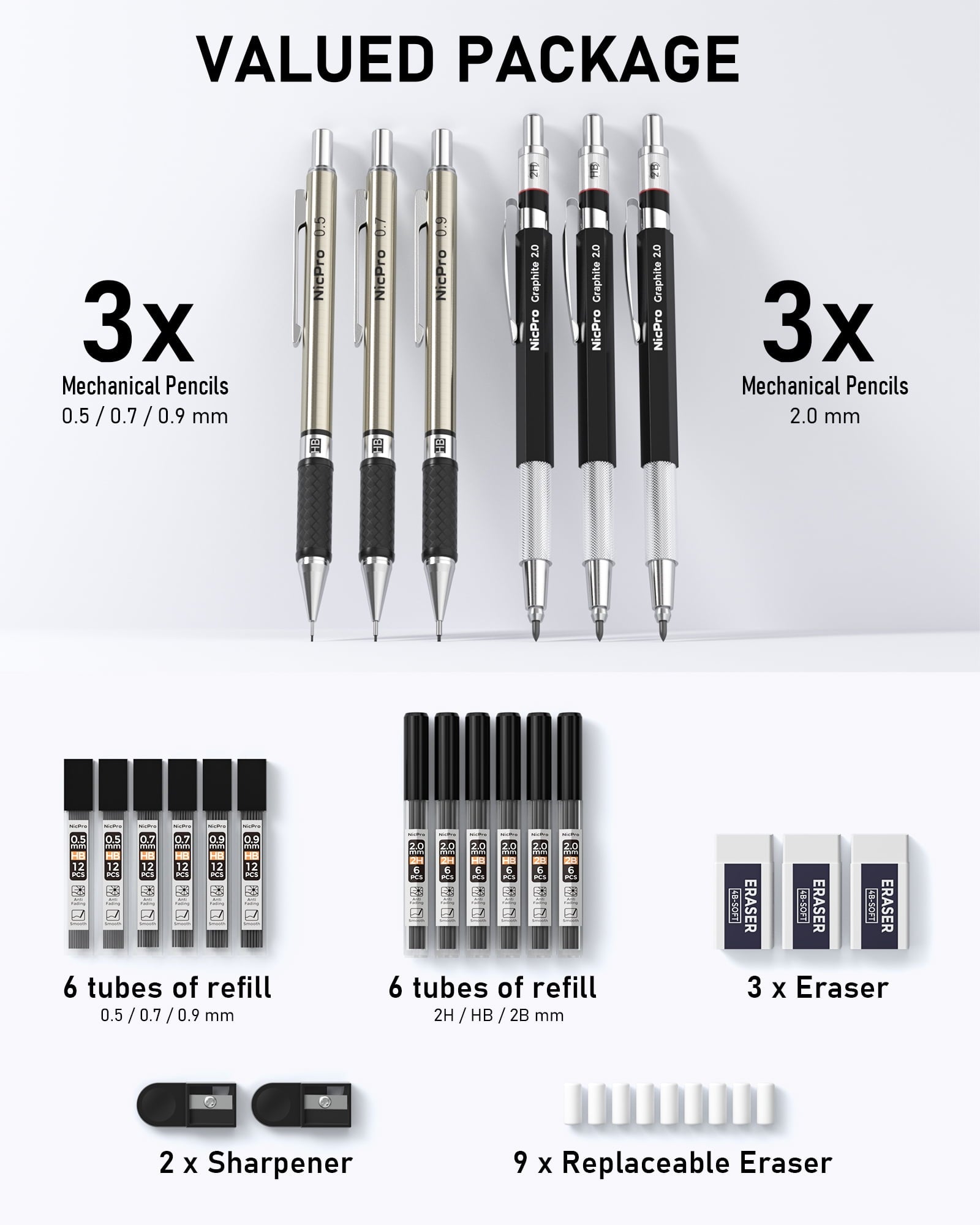 Nicpro 6PCS Art Mechanical Pencil Set, 3PCS Metal Drafting Pencil 0.5 mm & 0.7 mm & 0.9 mm & 3PCS 2mm Graphite Lead Holder (2B HB 2H) with Lead Refills Case