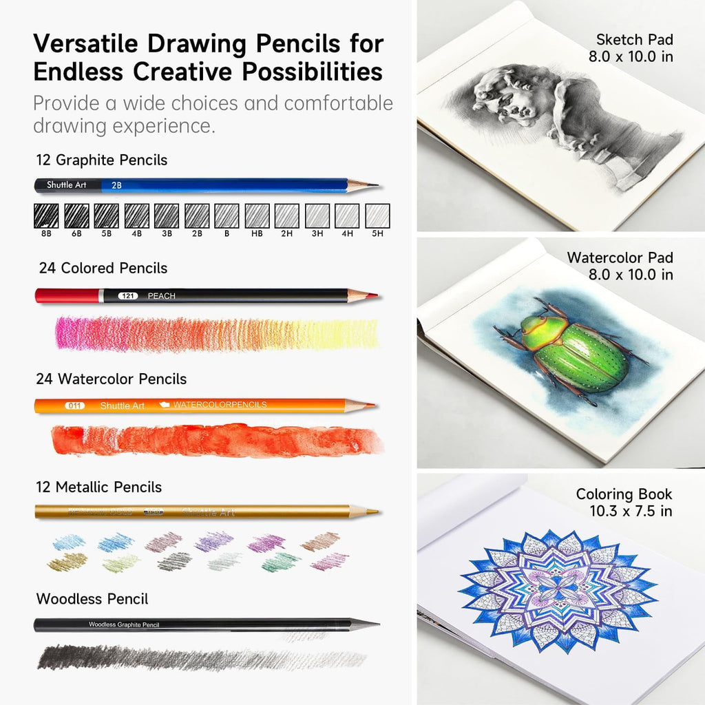 Shuttle Art 103 PCS Drawing Kit, Professional Drawing Supplies with Sketch, Charcoal, Colored, Graphite, Pastel Pencils & Sticks, Complete Drawing Tools and Paper Pads in Zipper Case