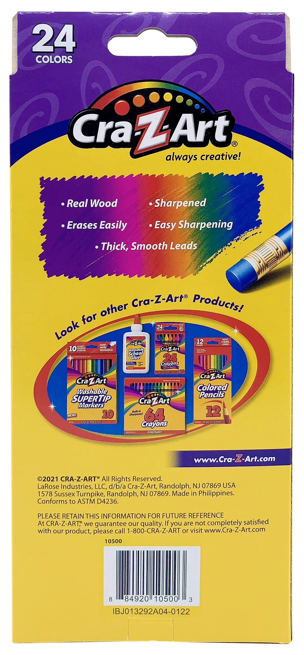 Cra-Z-Art Erasable Colored Pencils, 24 Pack, Beginner Child Ages 3 and up, School Supplies