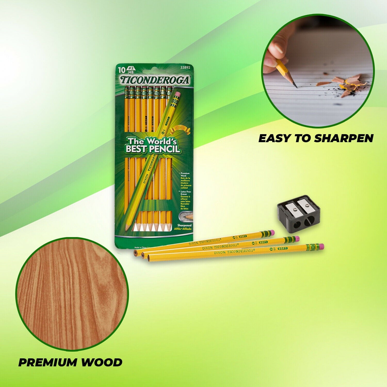 Ticonderoga Pencils #2 Soft Sharpened 10 Ct. Free Sharpener 1 Pack