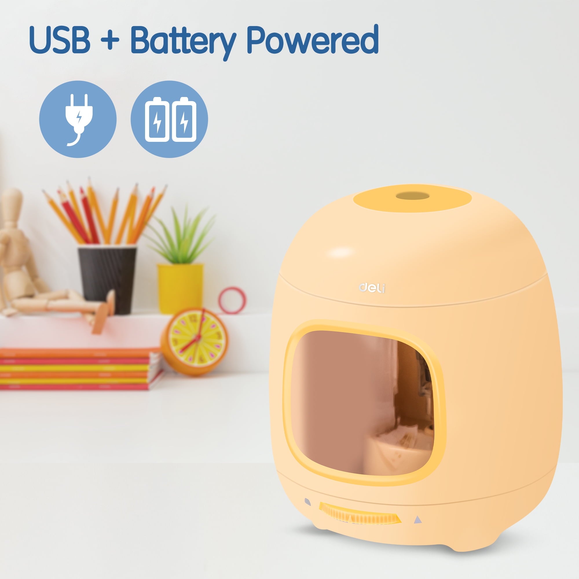 Deli Electric Pencil Sharpener,Suitable for No.2 Pencils Colored Pencils, USB & Battery Operated, Yellow