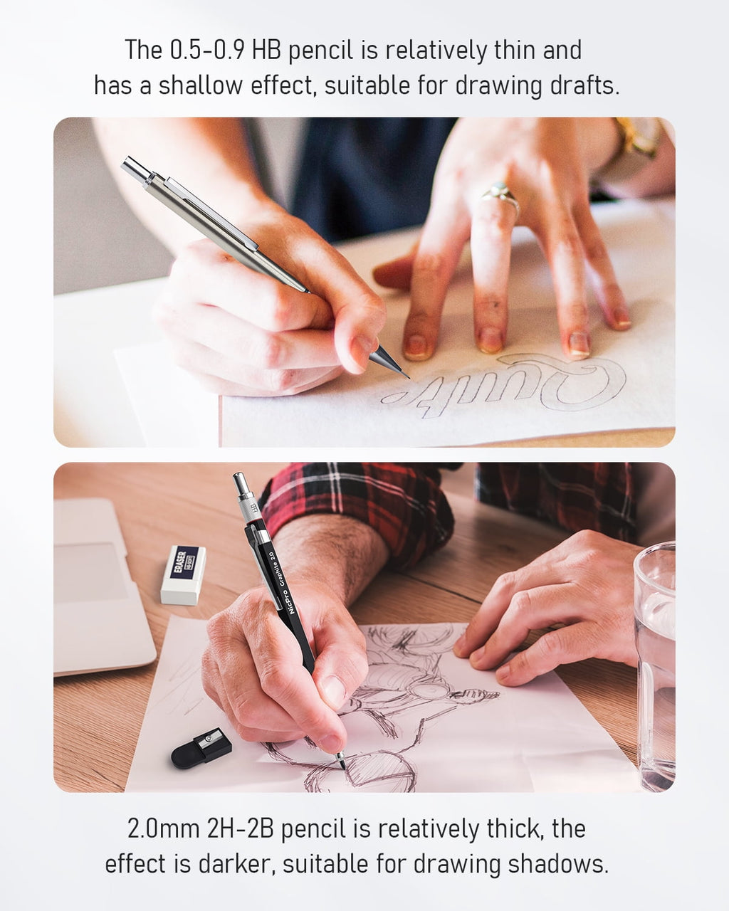 Nicpro 6PCS Art Mechanical Pencil Set, 3PCS Metal Drafting Pencil 0.5 mm & 0.7 mm & 0.9 mm & 3PCS 2mm Graphite Lead Holder (2B HB 2H) with Lead Refills Case