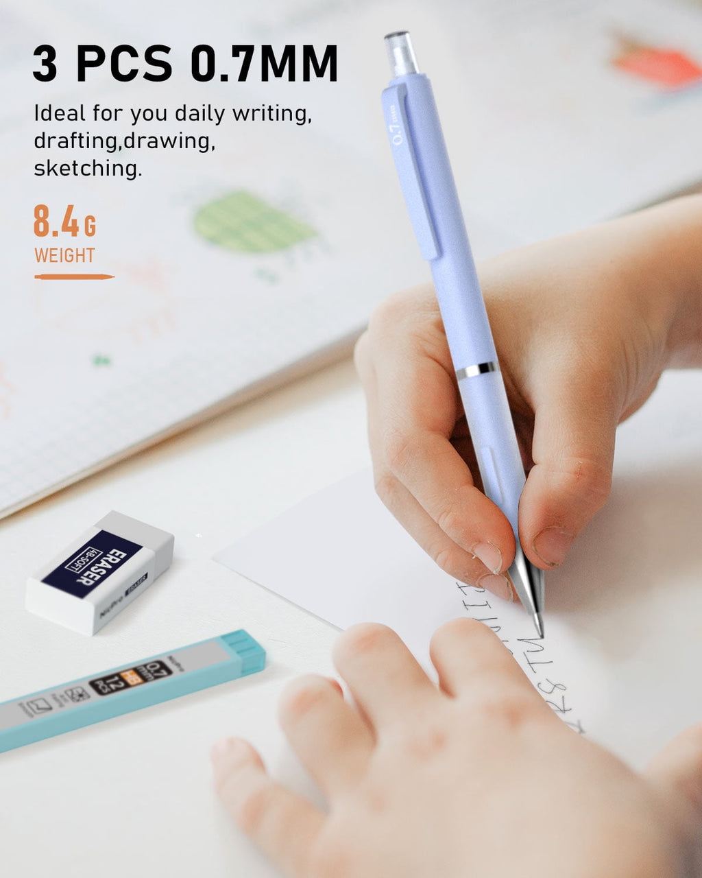 Nicpro 3PCS Pastel Mechanical Pencil Set with Case, 0.7 mm Pencils with 6 Tube HB Lead Refill, 3PCS Eraser, 9PCS Eraser Refill