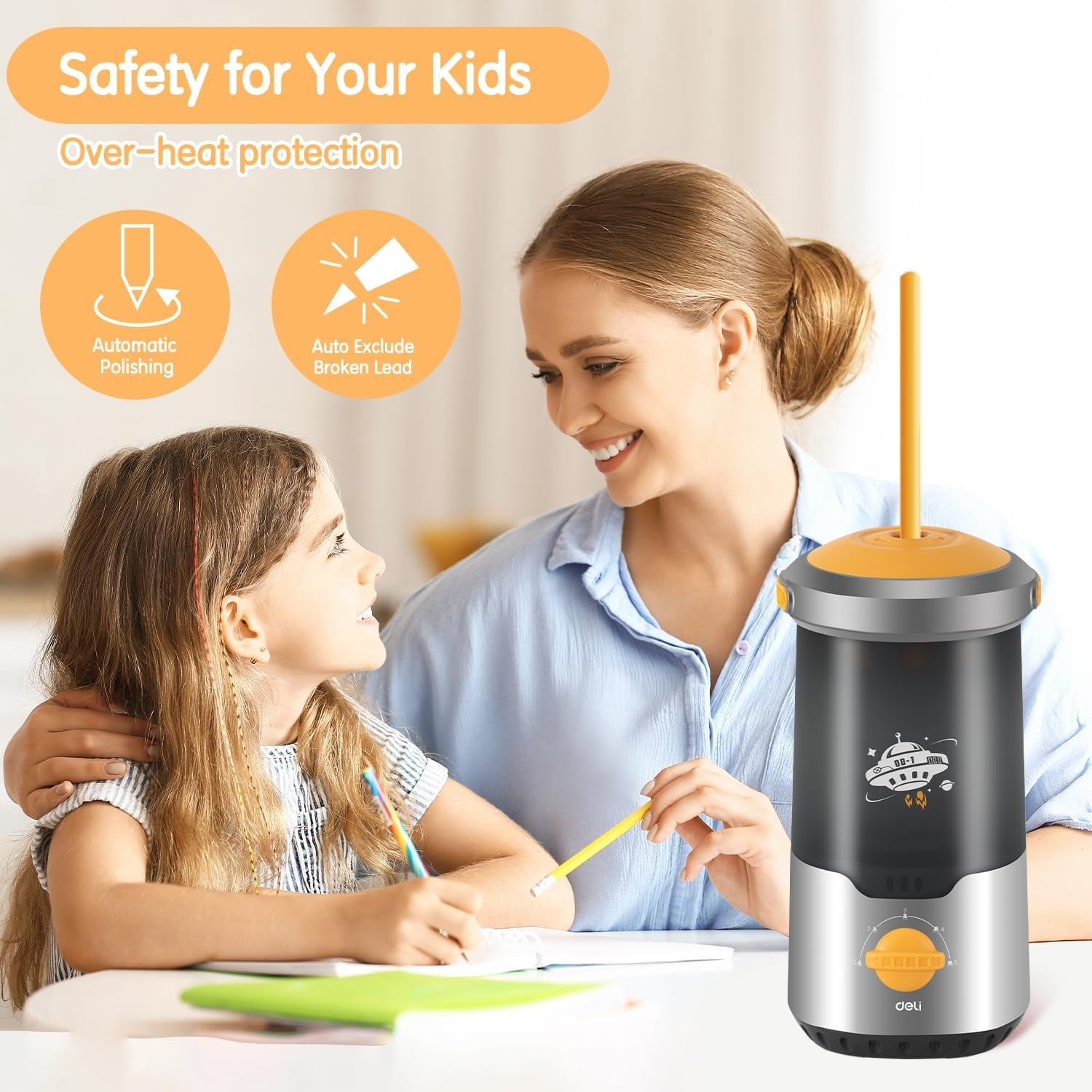Deli Electric Pencil Sharpener, Fully Automatic Auto in & Out, Rechargeable Hands-Free Pencil Sharpener for 6.9-10.8mm, Home, Classroom, Battery Operate, Spaceship Styling