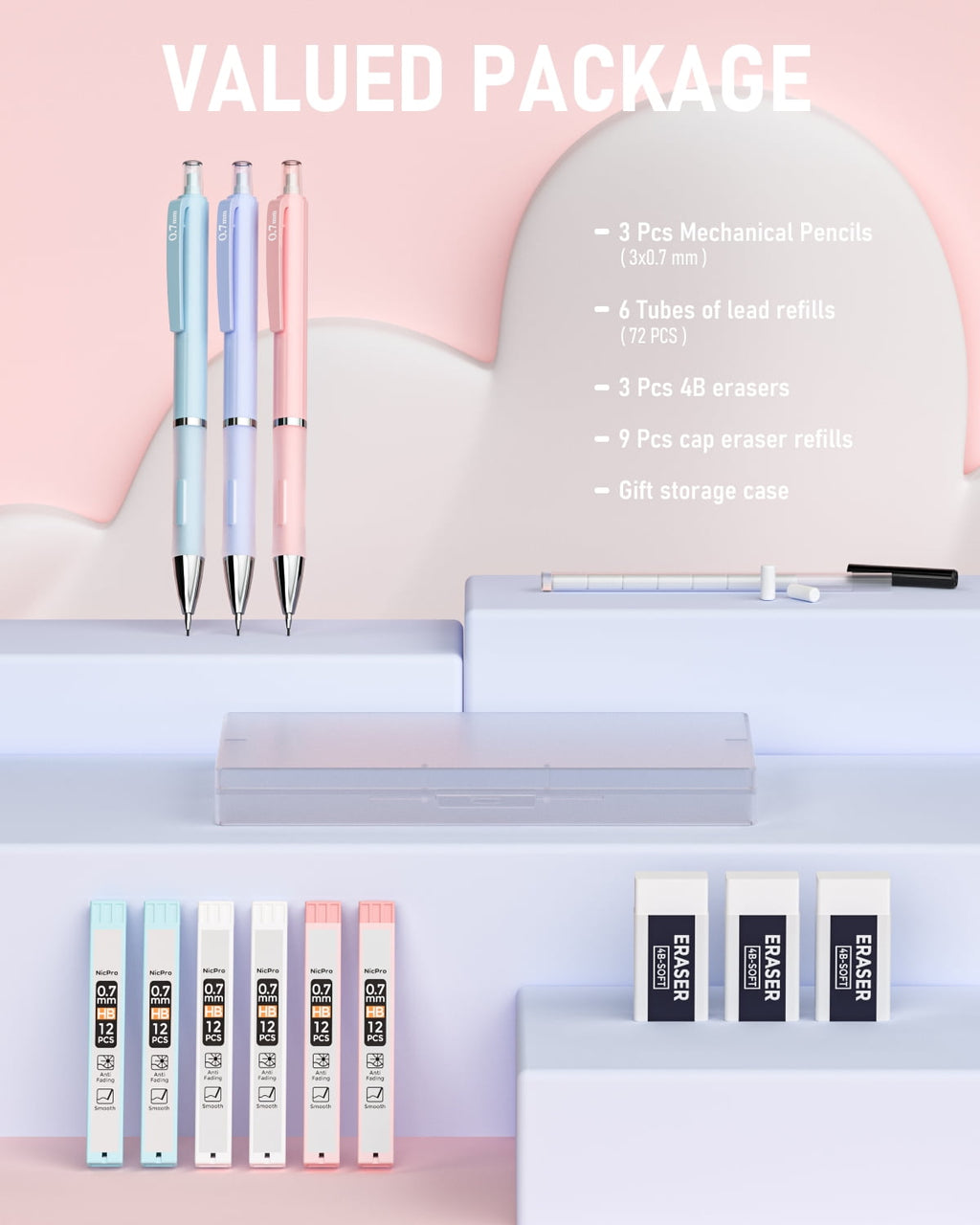 Nicpro 3PCS Pastel Mechanical Pencil Set with Case, 0.7 mm Pencils with 6 Tube HB Lead Refill, 3PCS Eraser, 9PCS Eraser Refill