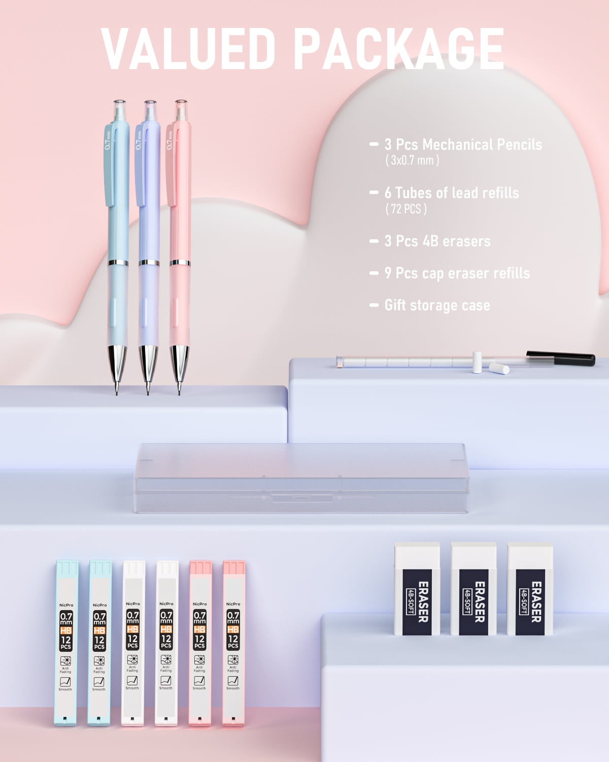 Nicpro 3PCS Pastel Mechanical Pencil Set with Case, 0.7 mm Pencils with 6 Tube HB Lead Refill, 3PCS Eraser, 9PCS Eraser Refill