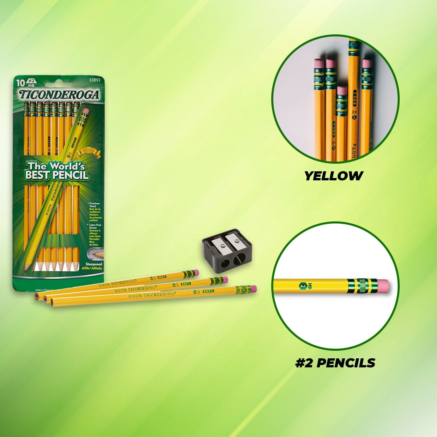 Ticonderoga Pencils #2 Soft Sharpened 10 Ct. Free Sharpener 1 Pack
