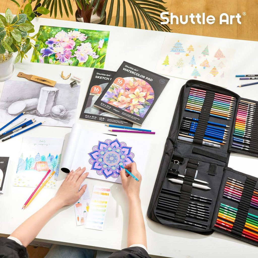 Shuttle Art 103 PCS Drawing Kit, Professional Drawing Supplies with Sketch, Charcoal, Colored, Graphite, Pastel Pencils & Sticks, Complete Drawing Tools and Paper Pads in Zipper Case