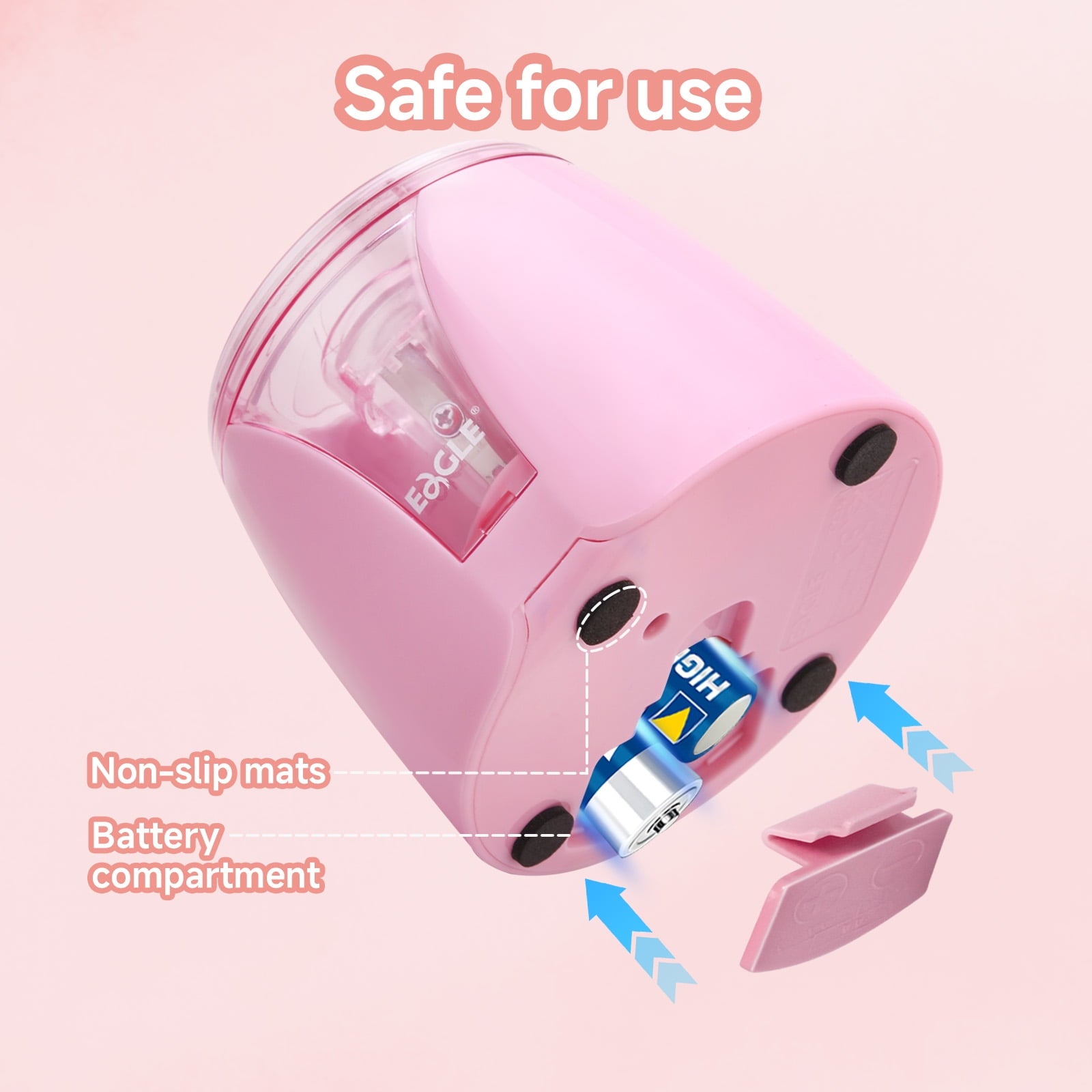 Eagle Electric Pencil Sharpener, Battery Powered, Large Shaving Holders, Carbon Steel Blades, Portable, Reusable and Replaceable Blade, Suitable for Home and Office use, Pink