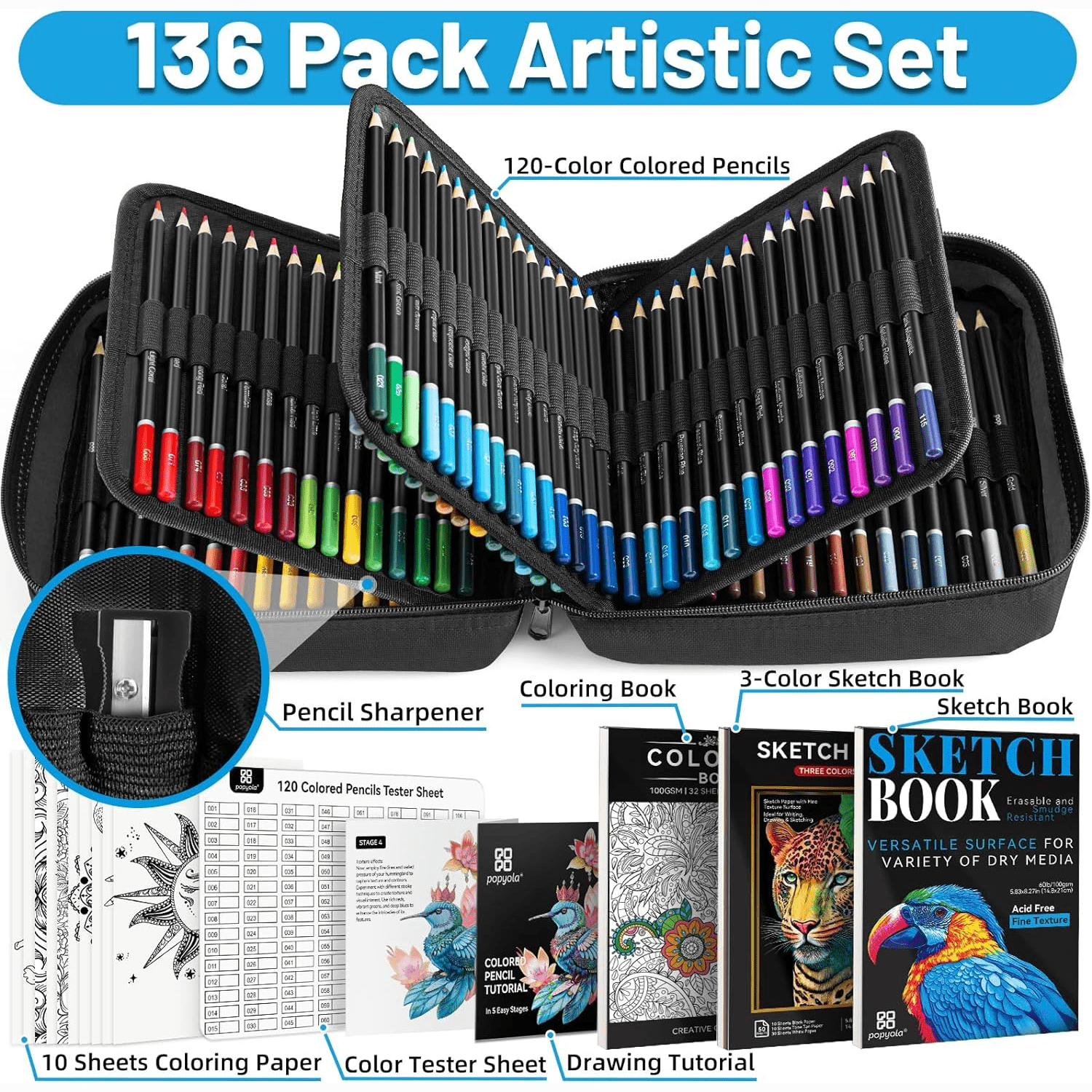 Vigorfun 136-Pack Black Colored Pencils Set with Art Supplies（Black）