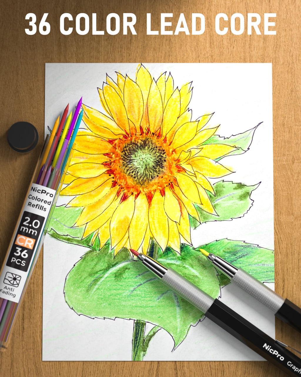 Nicpro 6 Pcs Art Mechanical Pencils Set in Leather Case, 0.5, 0.7, 0.9 mm, 2mm Metal Drafting Pencils, with 15 Tube (4B 2B HB 2H 4H)Lead Refills (Black &Colors)