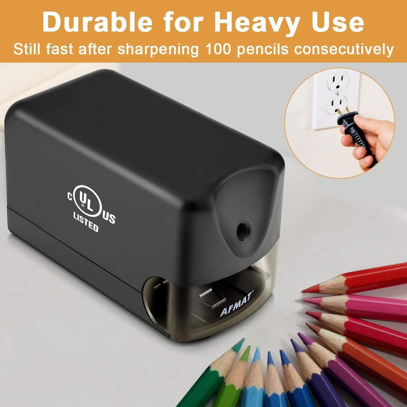 AFMAT Heavy Duty Electric Pencil Sharpener for 6.5-8mm No.2/Colored, UL Listed Professional Pencil Sharpener w/Stronger Helical Blade, for Classroom,Black, New