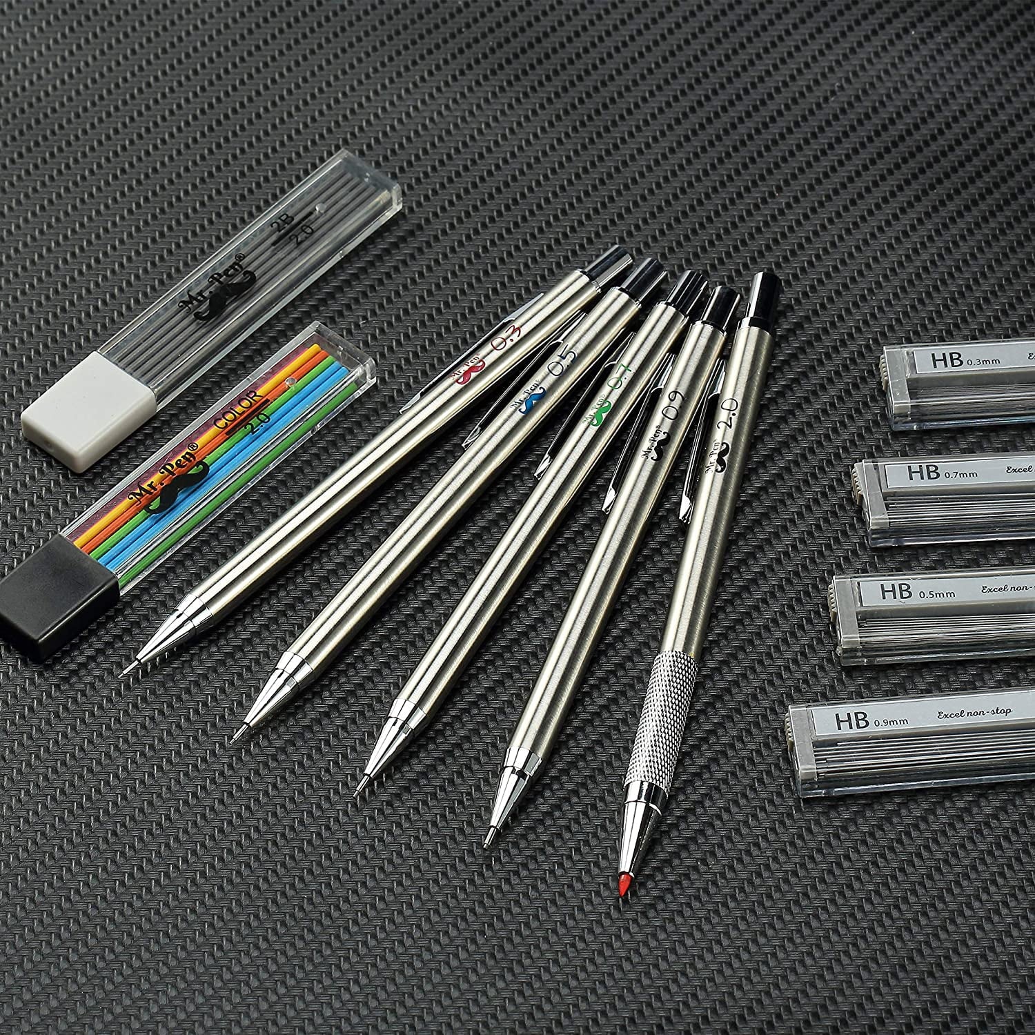 Mr. Pen Mechanical Pencil Set with Erasers Refills, 0.3mm, 0.5mm, 0.7mm, 0.9mm and 2mm, 5 Count