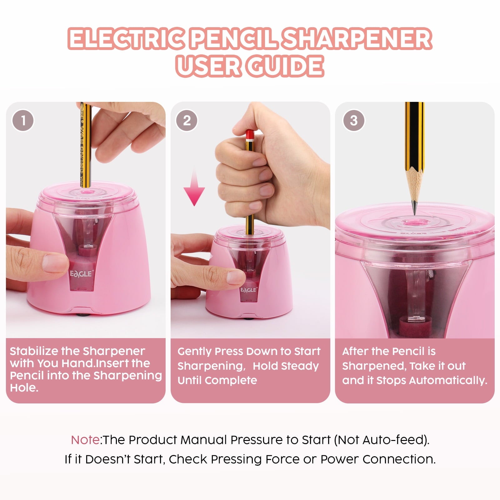 Eagle Electric Pencil Sharpener, Battery Powered, Large Shaving Holders, Carbon Steel Blades, Portable, Reusable and Replaceable Blade, Suitable for Home and Office use, Pink