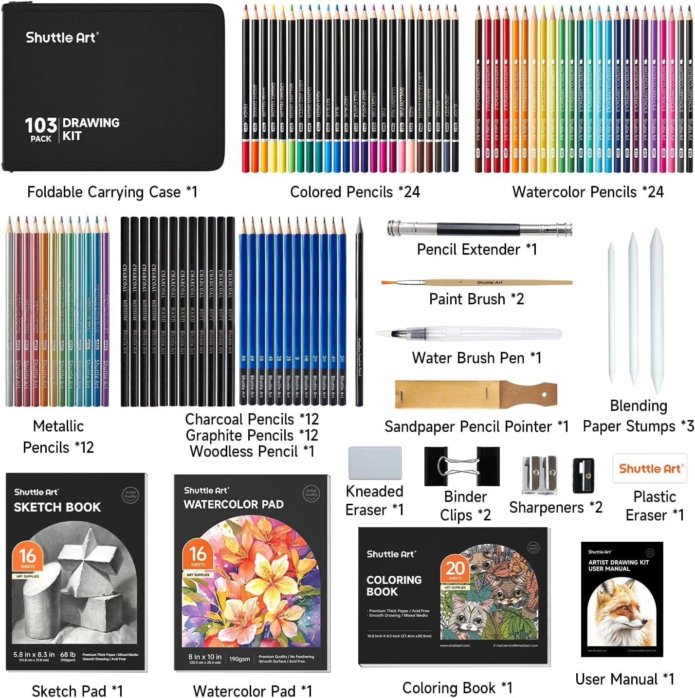 Shuttle Art 103 PCS Drawing Kit, Professional Drawing Supplies with Sketch, Charcoal, Colored, Graphite, Pastel Pencils & Sticks, Complete Drawing Tools and Paper Pads in Zipper Case