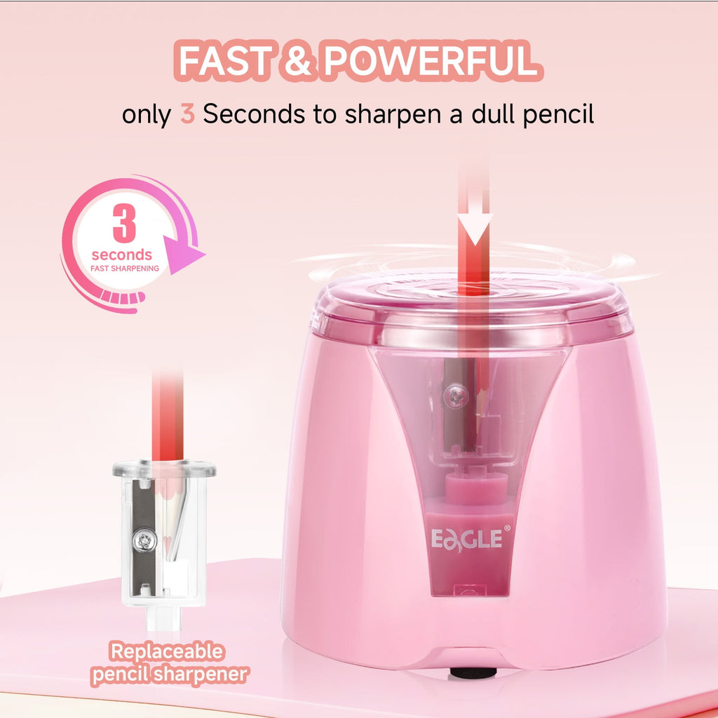 Eagle Electric Pencil Sharpener, Battery Powered, Large Shaving Holders, Carbon Steel Blades, Portable, Reusable and Replaceable Blade, Suitable for Home and Office use, Pink