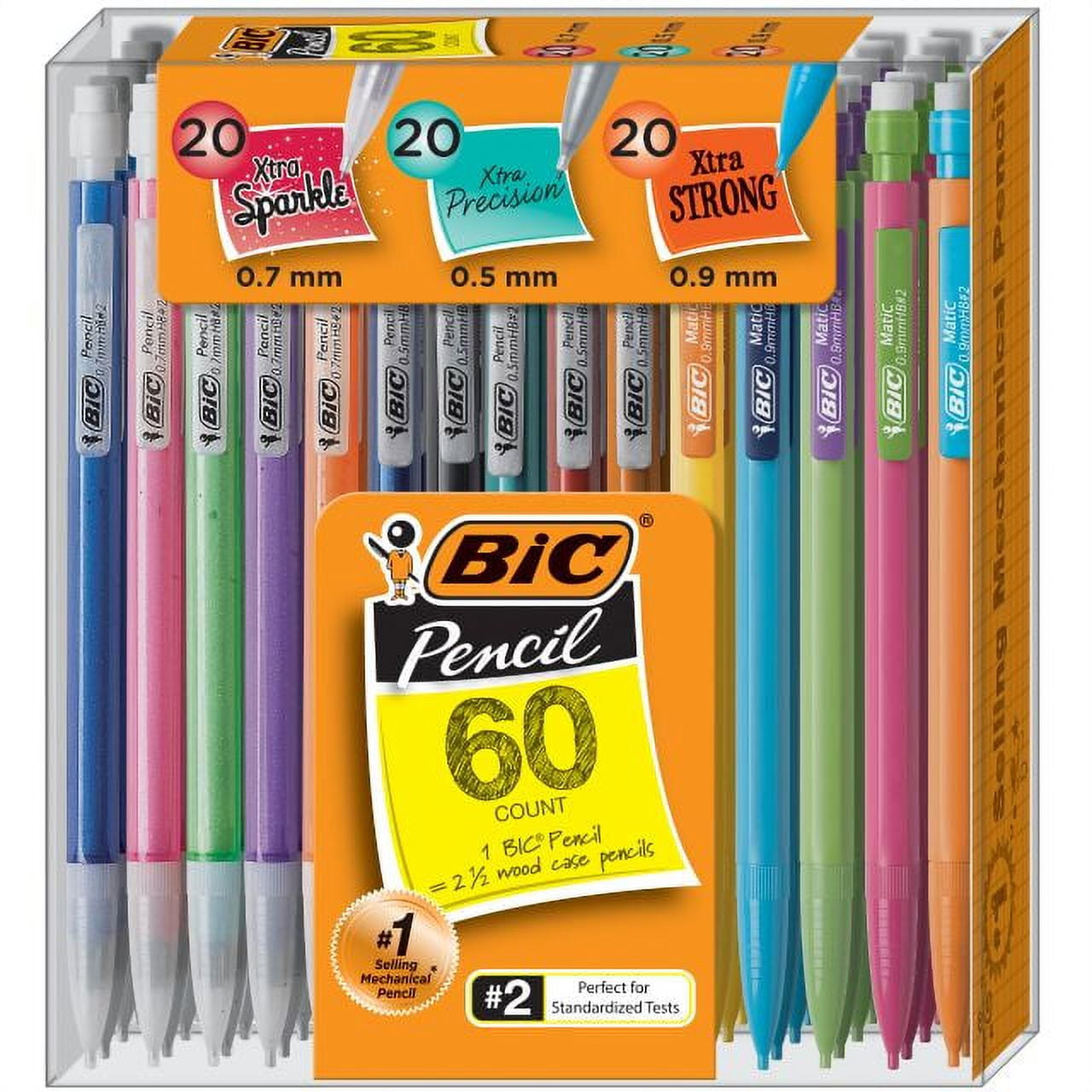 BIC #2 Mechanical Pencil Bulk Variety Pack, (0.5mm, 0.7mm, 0.9mm), Assorted Colors, 60 Pack