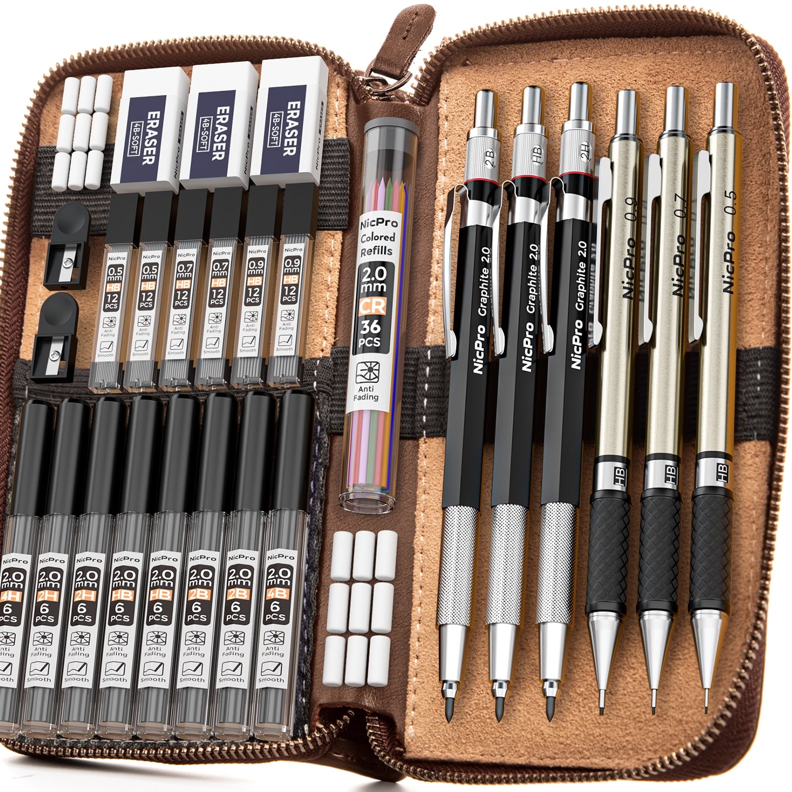 Nicpro 6 Pcs Art Mechanical Pencils Set in Leather Case, 0.5, 0.7, 0.9 mm, 2mm Metal Drafting Pencils, with 15 Tube (4B 2B HB 2H 4H)Lead Refills (Black &Colors)