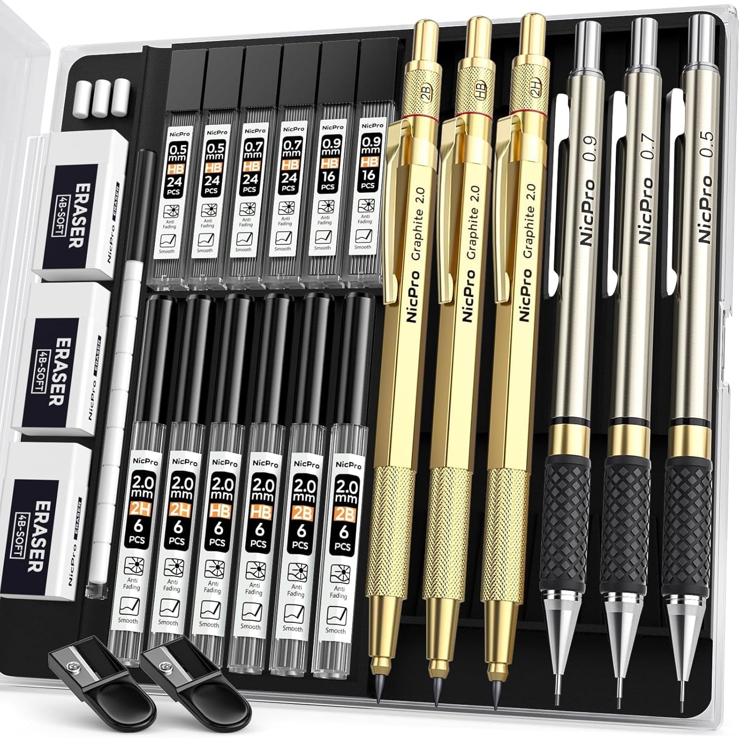 Nicpro 6PCS Art Mechanical Pencil Set, 3PCS Metal Drafting Pencil 0.5 mm & 0.7 mm & 0.9 mm & 3PCS 2mm Graphite Lead Holder (2B HB 2H) with Lead Refills Case