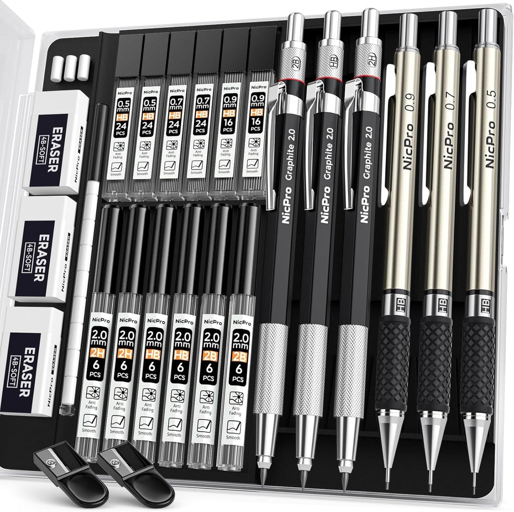 Nicpro 6PCS Art Mechanical Pencil Set, 3PCS Metal Drafting Pencil 0.5 mm & 0.7 mm & 0.9 mm & 3PCS 2mm Graphite Lead Holder (2B HB 2H) with Lead Refills Case