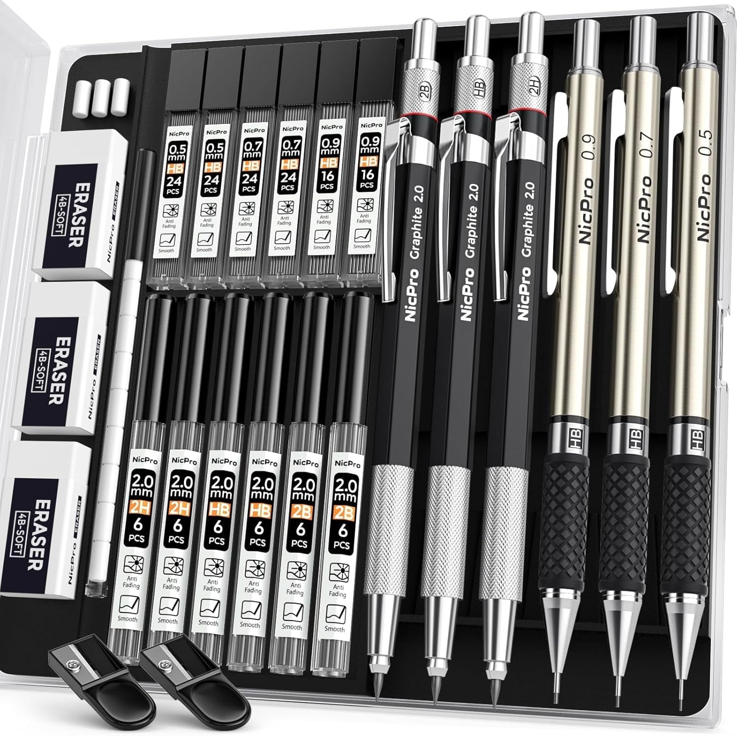 Nicpro 6PCS Art Mechanical Pencil Set, 3PCS Metal Drafting Pencil 0.5 mm & 0.7 mm & 0.9 mm & 3PCS 2mm Graphite Lead Holder (2B HB 2H) with Lead Refills Case