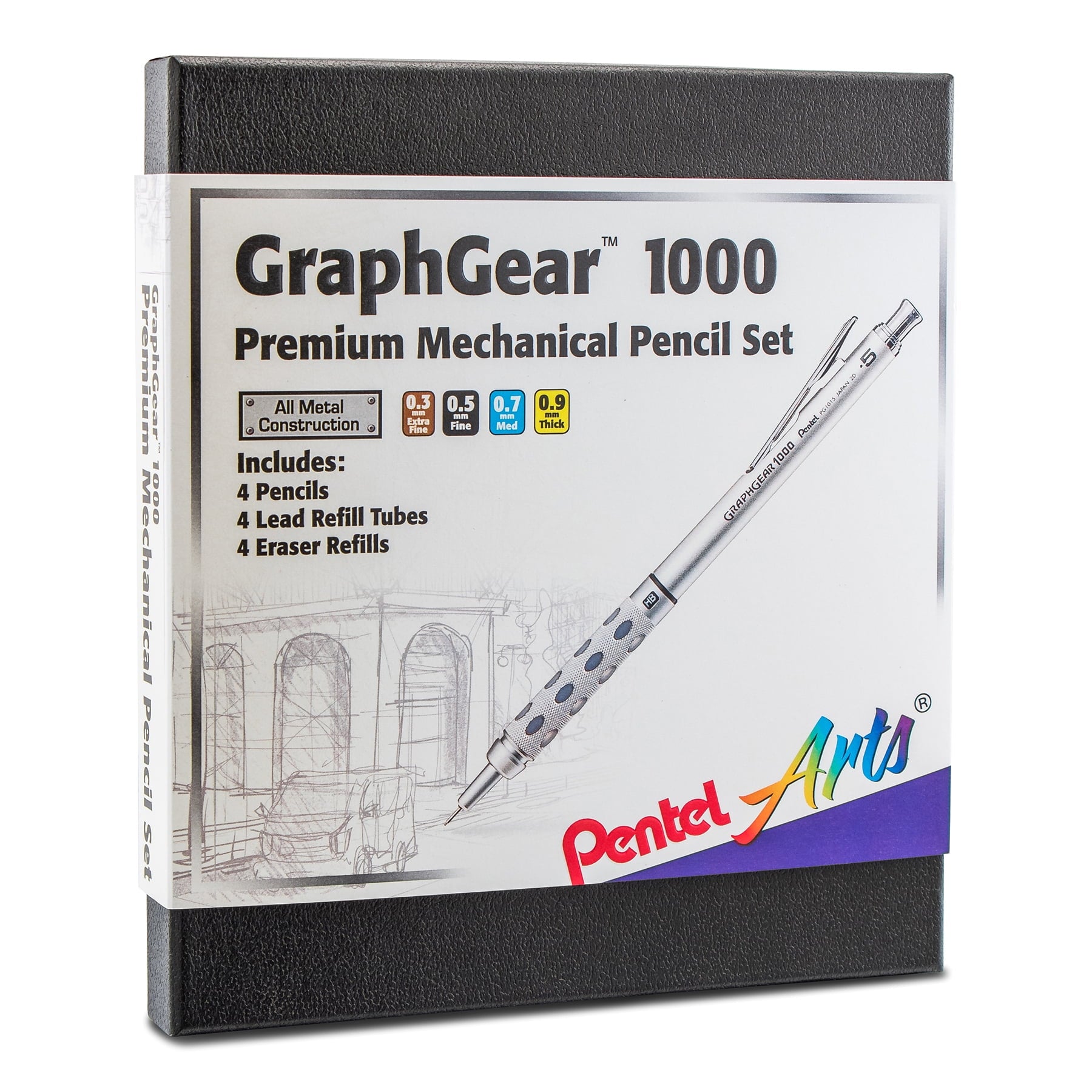Pentel Arts GraphGear 1000 Premium Automatic Drafting Pencil Set ( 1 pencil each of 0.3mm, 0.5mm, 0.7mm, 0.9mm), 4 Asst. Leads, 4 Refill Erasers, Gift Box Set