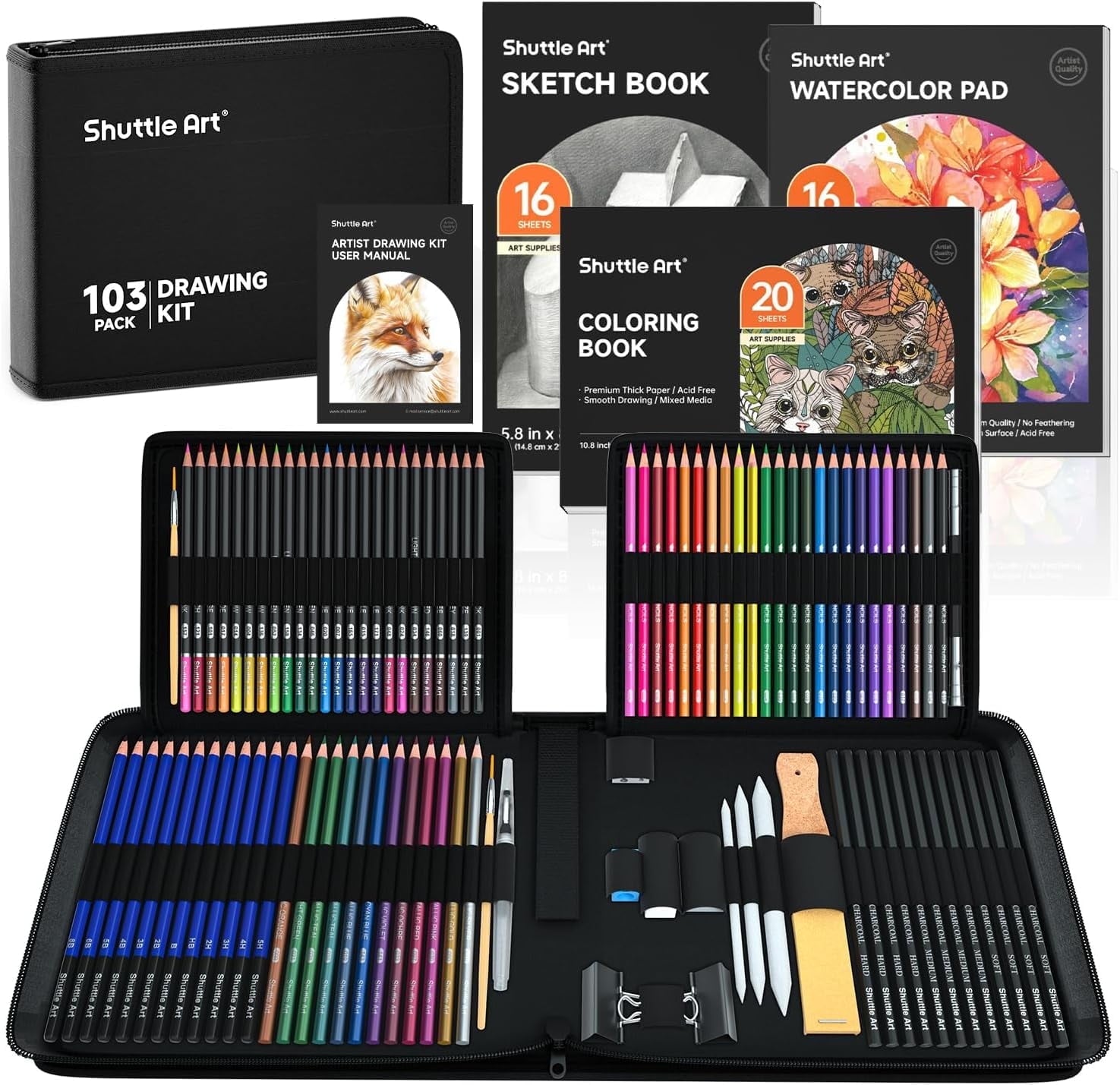 Shuttle Art 103 PCS Drawing Kit, Professional Drawing Supplies with Sketch, Charcoal, Colored, Graphite, Pastel Pencils & Sticks, Complete Drawing Tools and Paper Pads in Zipper Case