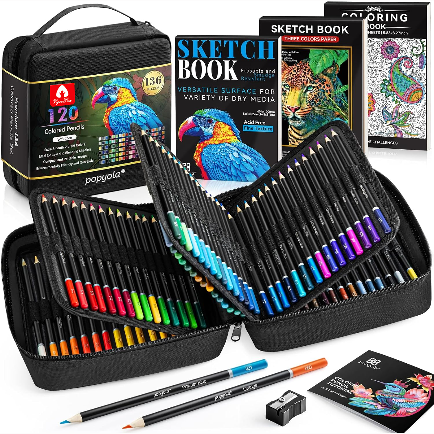 Vigorfun 136-Pack Black Colored Pencils Set with Art Supplies（Black）