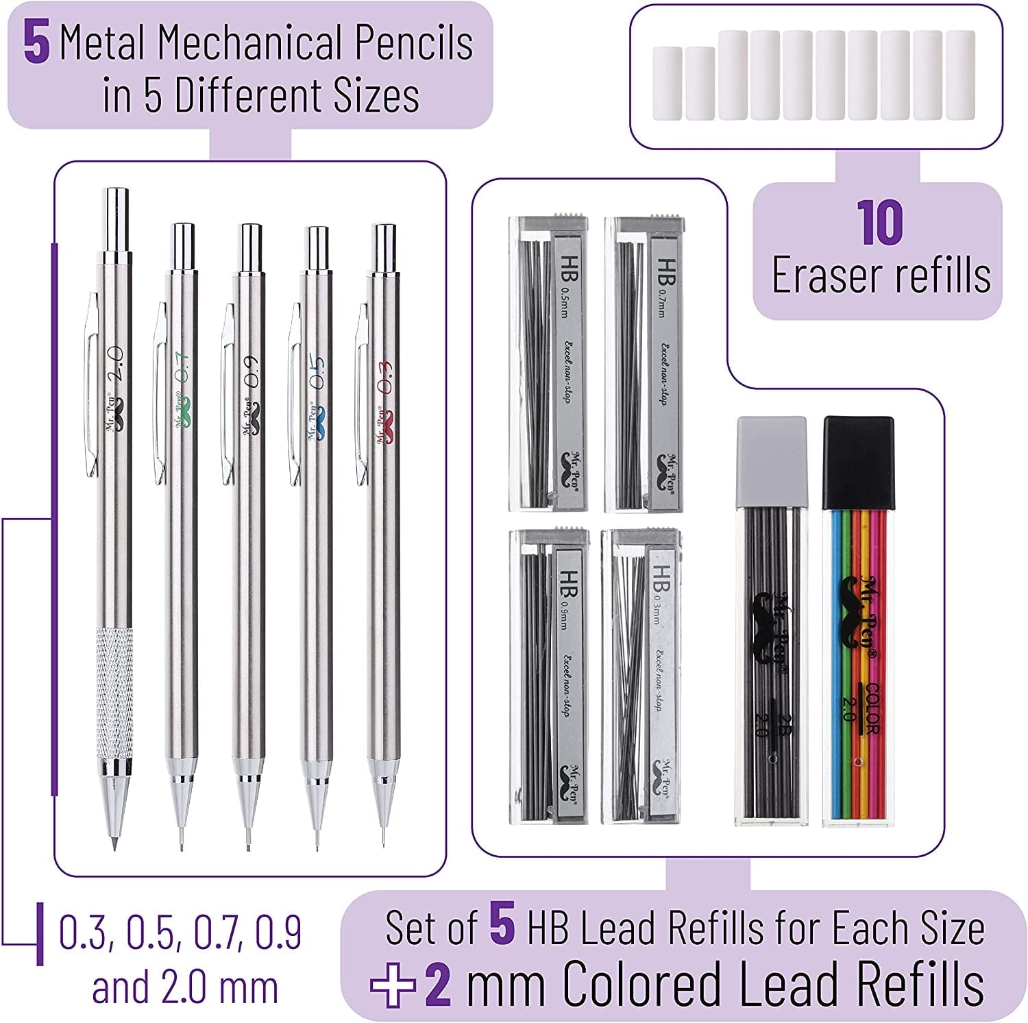 Mr. Pen Mechanical Pencil Set with Erasers Refills, 0.3mm, 0.5mm, 0.7mm, 0.9mm and 2mm, 5 Count