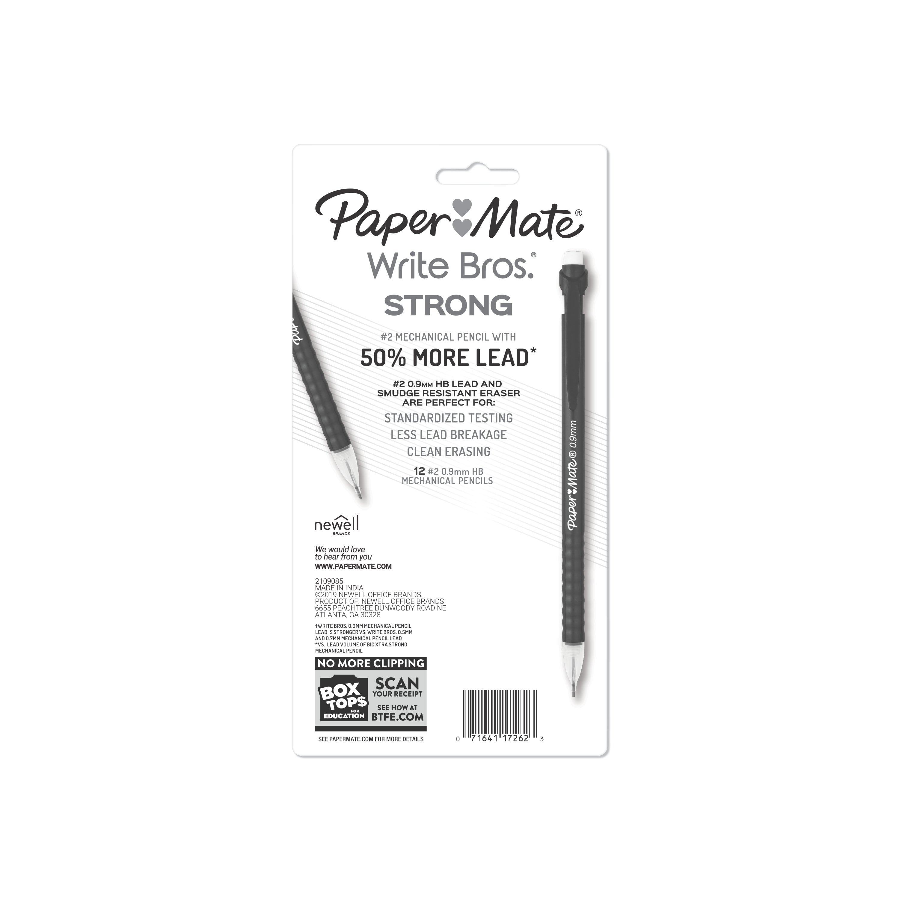 Paper Mate Mechanical Pencils, Write Bros. Strong #2 Pencil for Less Lead Breakage, 0.9 mm, 12 Count