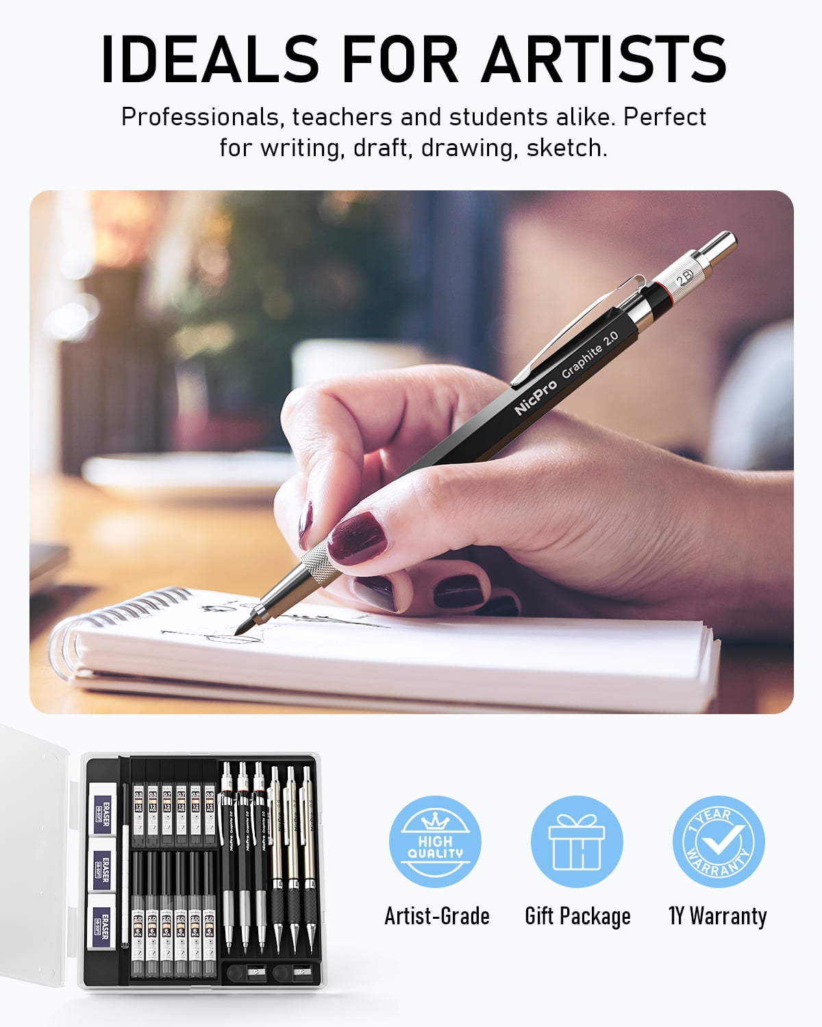 Nicpro 6PCS Art Mechanical Pencil Set, 3PCS Metal Drafting Pencil 0.5 mm & 0.7 mm & 0.9 mm & 3PCS 2mm Graphite Lead Holder (2B HB 2H) with Lead Refills Case