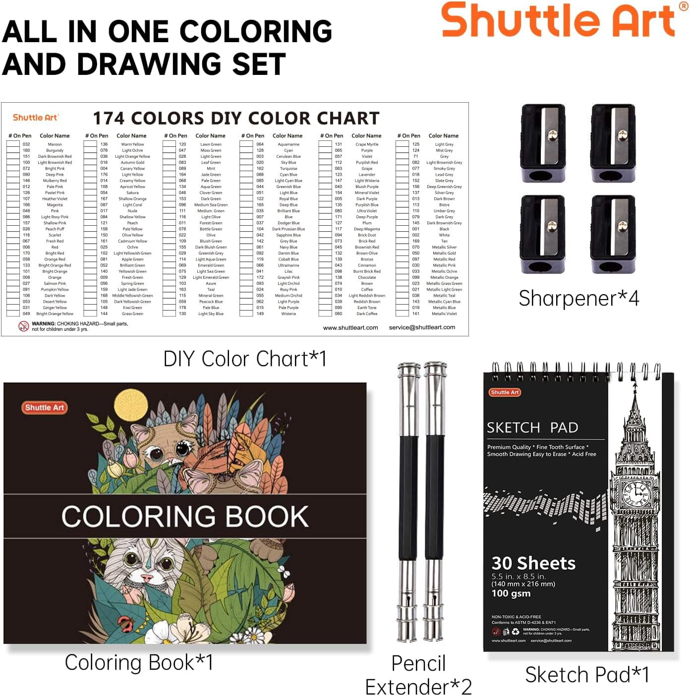 174 Colors Professional Colored Pencils, Shuttle Art Soft Core Coloring Pencils Set with 1 Coloring Book,1 Sketch Pad, 4 Sharpener, 2 Pencil Extender, Perfect for Artists Kids Adults Coloring