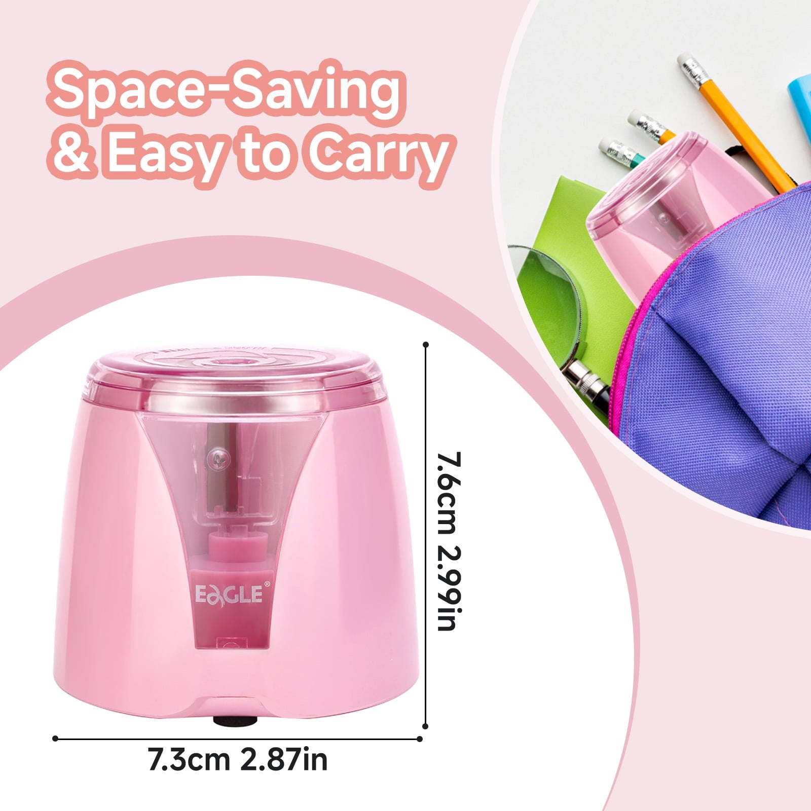 Eagle Electric Pencil Sharpener, Battery Powered, Large Shaving Holders, Carbon Steel Blades, Portable, Reusable and Replaceable Blade, Suitable for Home and Office use, Pink