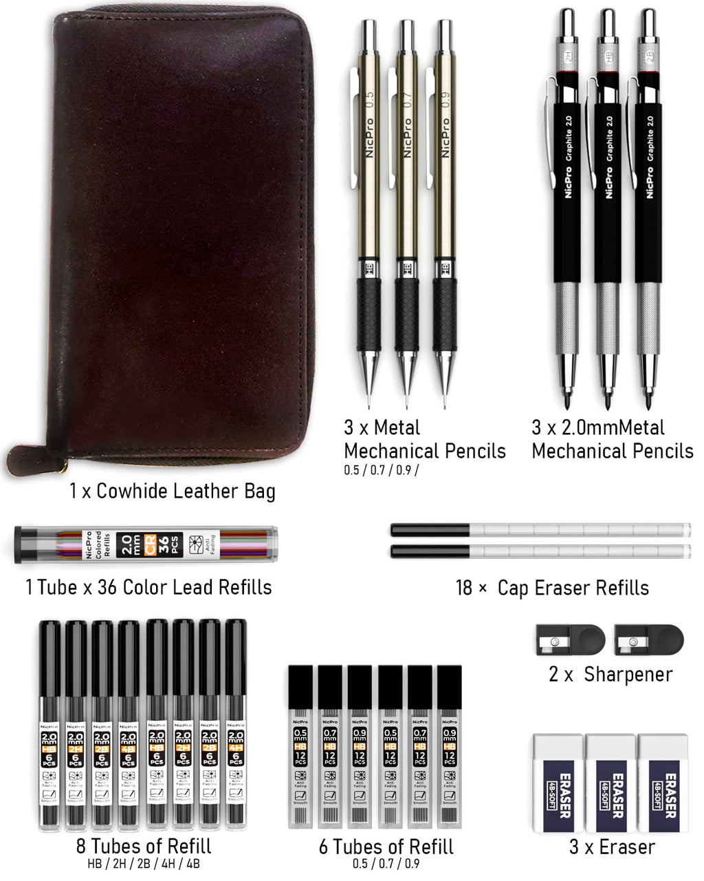 Nicpro 6 Pcs Art Mechanical Pencils Set in Leather Case, 0.5, 0.7, 0.9 mm, 2mm Metal Drafting Pencils, with 15 Tube (4B 2B HB 2H 4H)Lead Refills (Black &Colors)