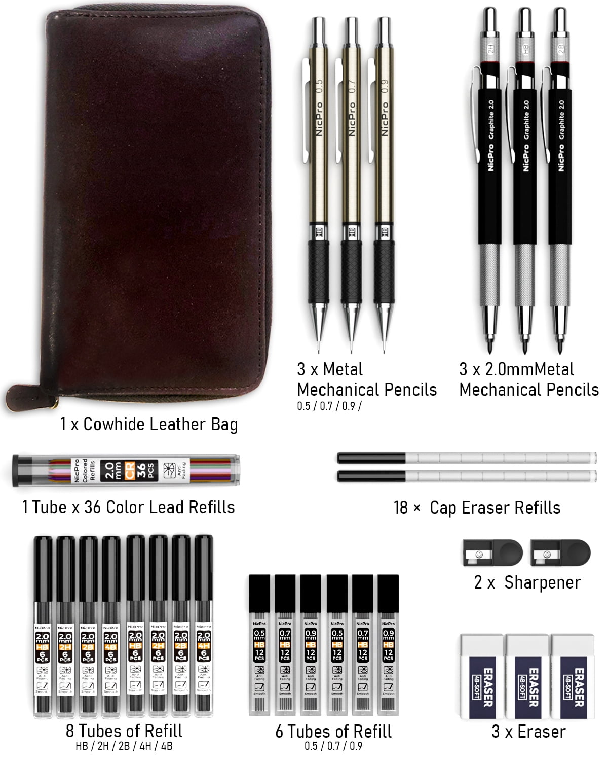 Nicpro 6 Pcs Art Mechanical Pencils Set in Leather Case, 0.5, 0.7, 0.9 mm, 2mm Metal Drafting Pencils, with 15 Tube (4B 2B HB 2H 4H)Lead Refills (Black &Colors)