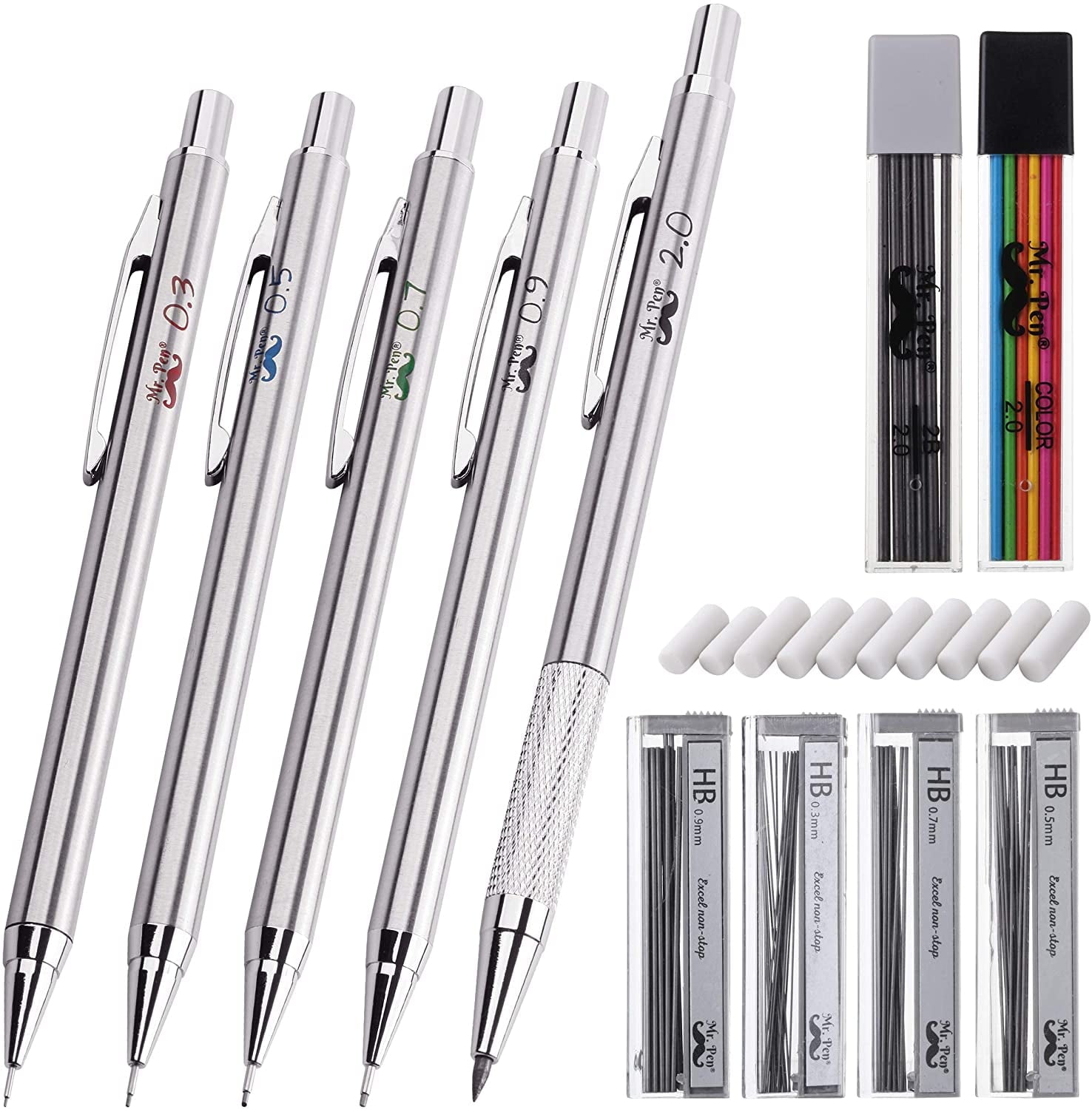 Mr. Pen Mechanical Pencil Set with Erasers Refills, 0.3mm, 0.5mm, 0.7mm, 0.9mm and 2mm, 5 Count