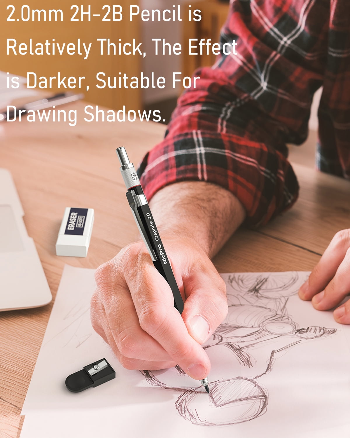 Nicpro 6 Pcs Art Mechanical Pencils Set in Leather Case, 0.5, 0.7, 0.9 mm, 2mm Metal Drafting Pencils, with 15 Tube (4B 2B HB 2H 4H)Lead Refills (Black &Colors)