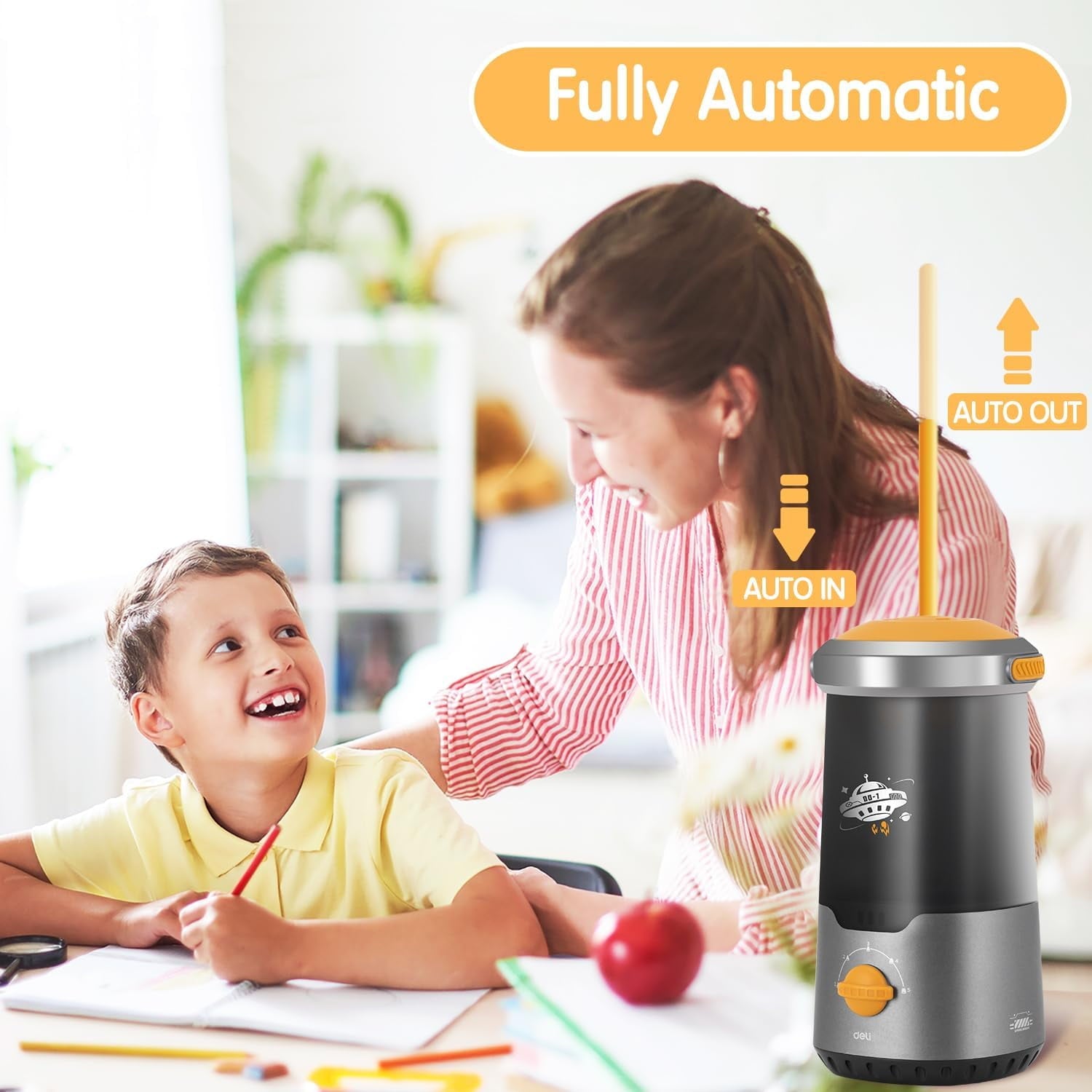 Deli Electric Pencil Sharpener, Fully Automatic Auto in & Out, Rechargeable Hands-Free Pencil Sharpener for 6.9-10.8mm, Home, Classroom, Battery Operate, Spaceship Styling
