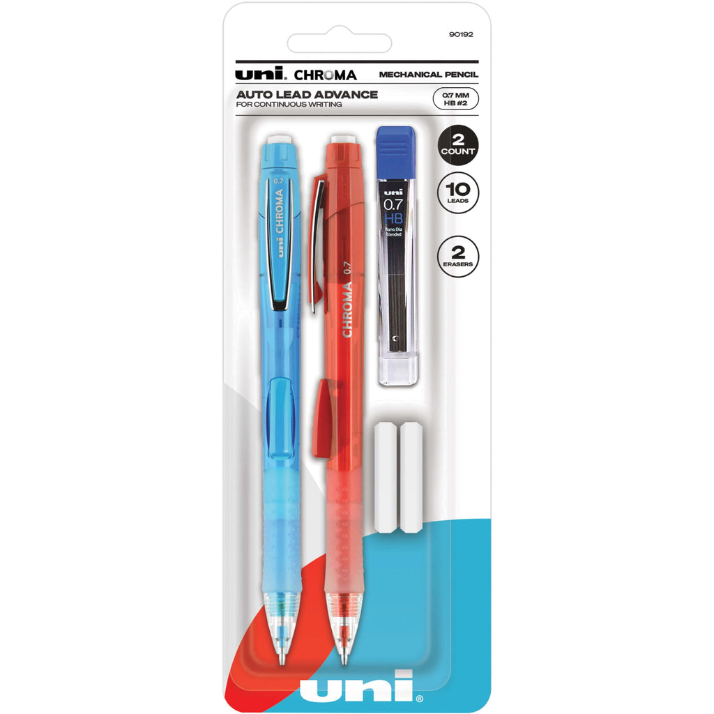 uni-ball CHROMA Mechanical Pencils HB, #2 Lead - 0.7 mm Lead Diameter - Red Lead - Light Blue, Red Barrel - 2 / Pack
